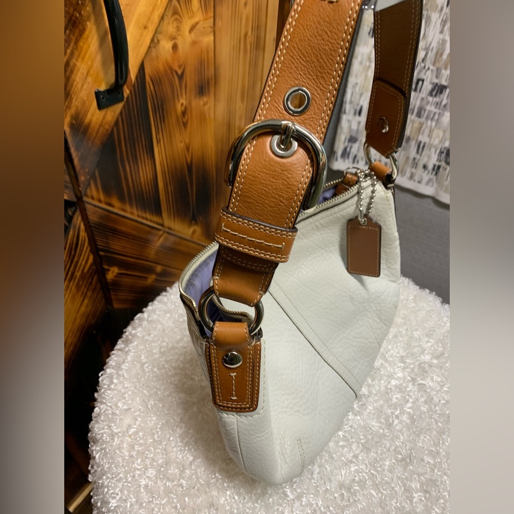 Coach Pebbled Leather Shoulder Bag Cream with Brown Strap, purple interior. - Picture 5 of 16